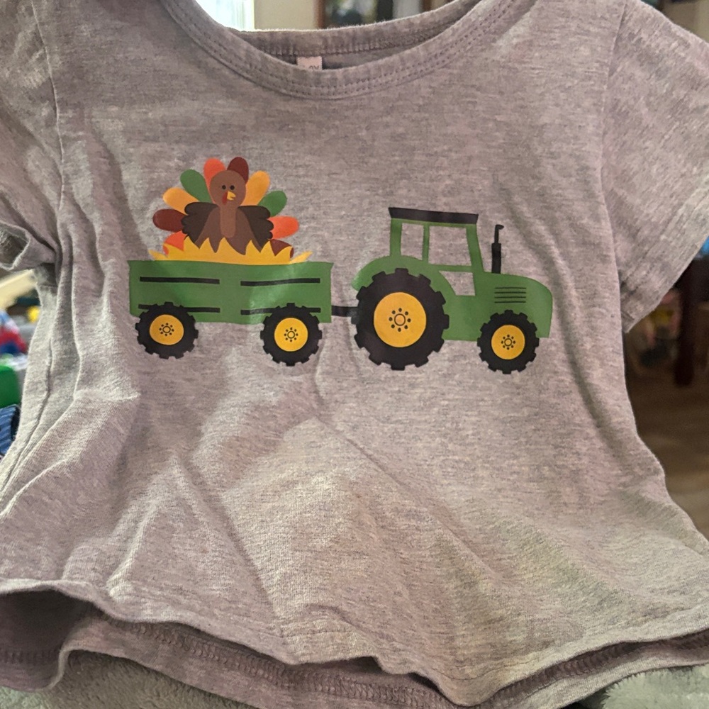 Gray T-Shirt with Tractor and Turkey Print